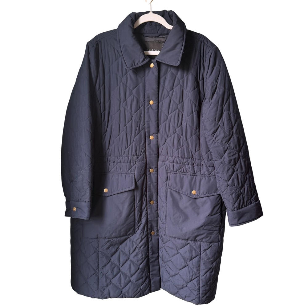 Talbots Plus Long Quilted Coat Navy Blue Snap Front Diamond Puffer Jacket SZ 1X